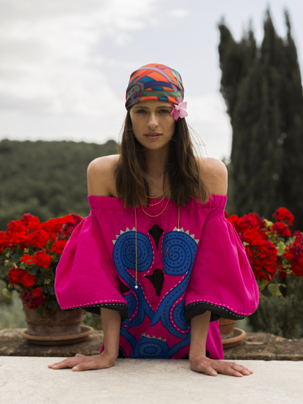 Theia midi dress in Fuchsia