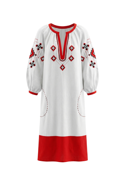 Ozima midi dress in white with Red embroidery