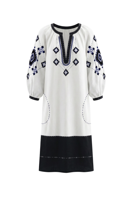 Ozima midi dress in white with Blue embroidery