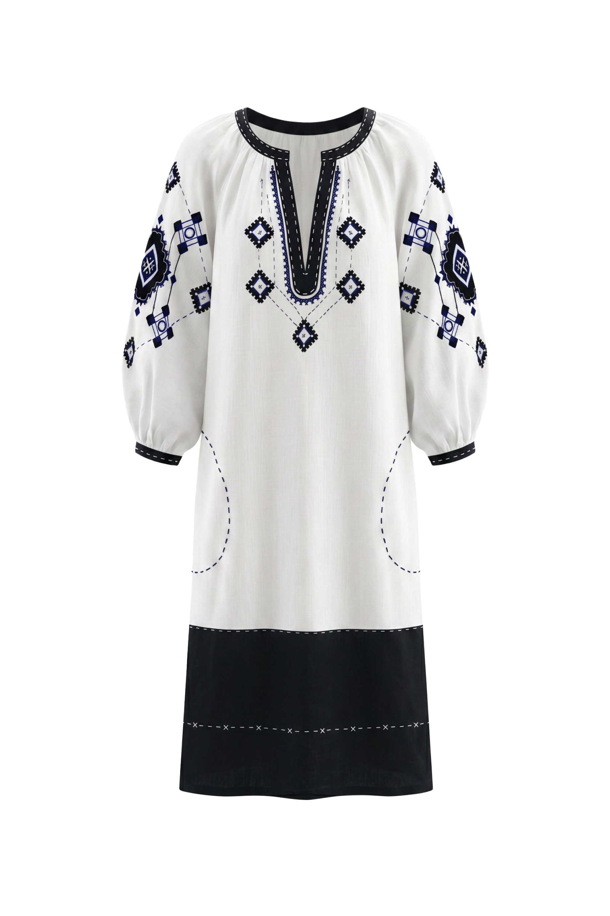 white dress with black embroidery Orchid Embroidered flare movement Kinsley Embroidered Linen Midi Dress