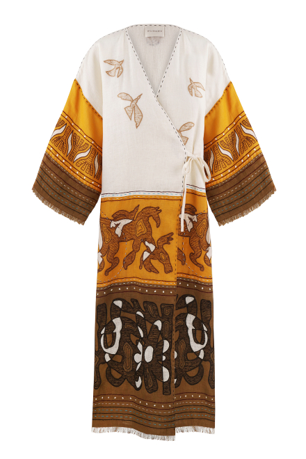 Animal realm long kimono in Ivory - Ochre - Golden green