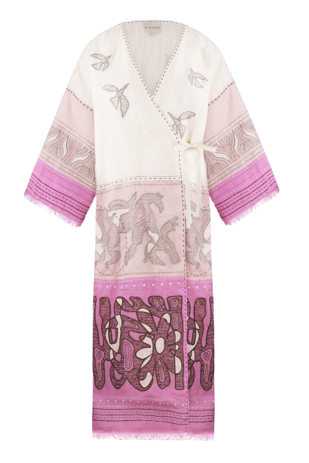 Animal realm long kimono in Ivory - Powder pink - Lilac