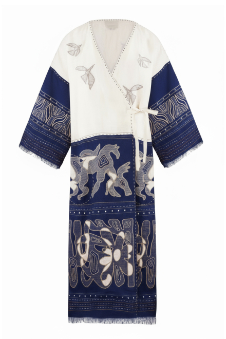 Animal realm long kimono in Ivory - Navy blue