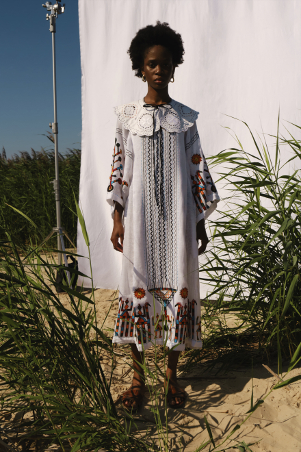 Lace Midi Dress in White with Red Embroidery