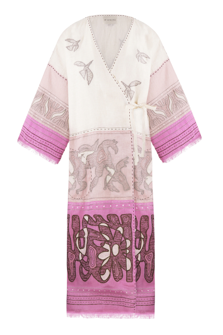 Animal Realm long Kimono in Ivory - Powder pink - Lilac
