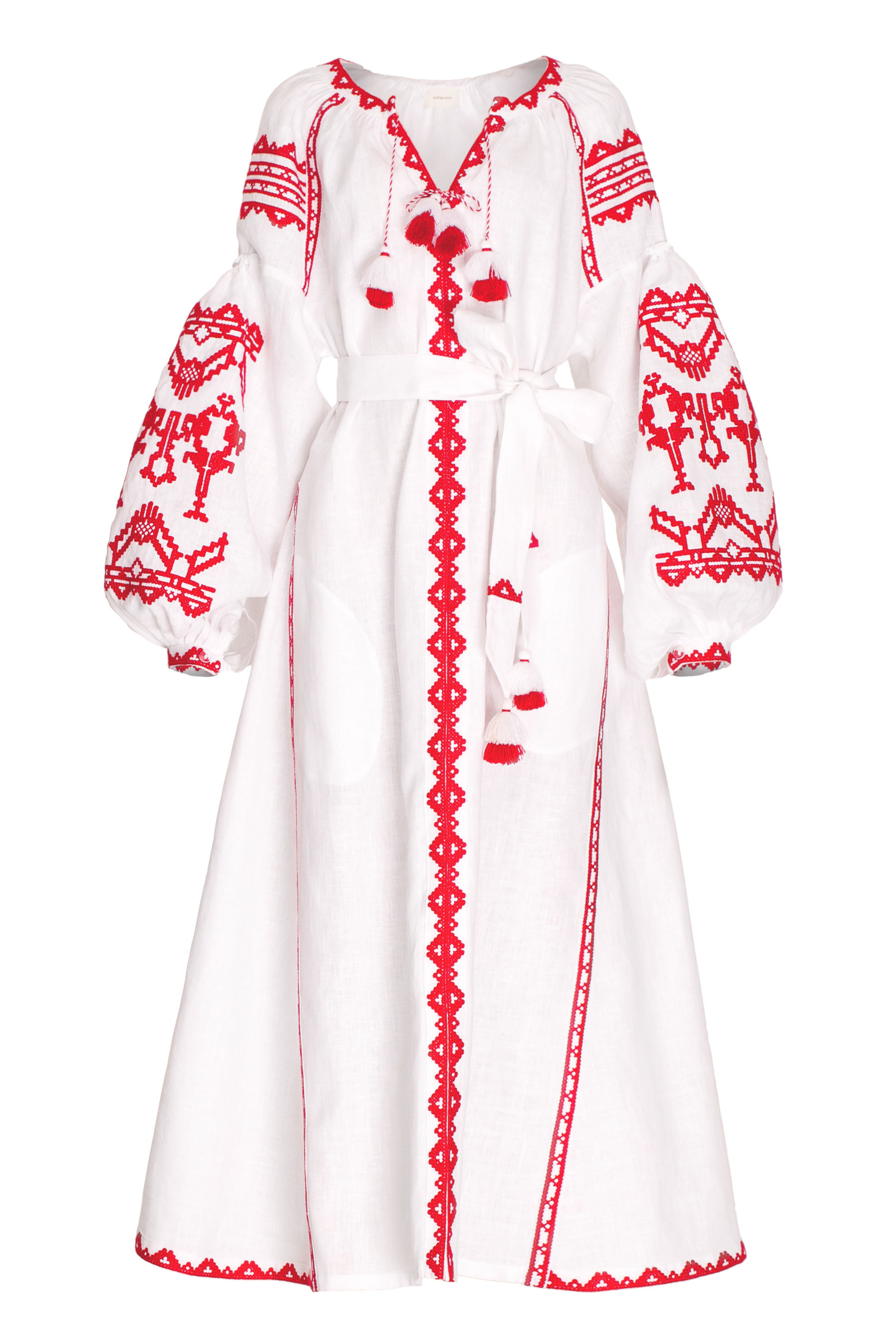 Lace Midi Dress in White with Red Embroidery